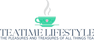 Teal teacup with steam and text "Teatime Lifestyle"