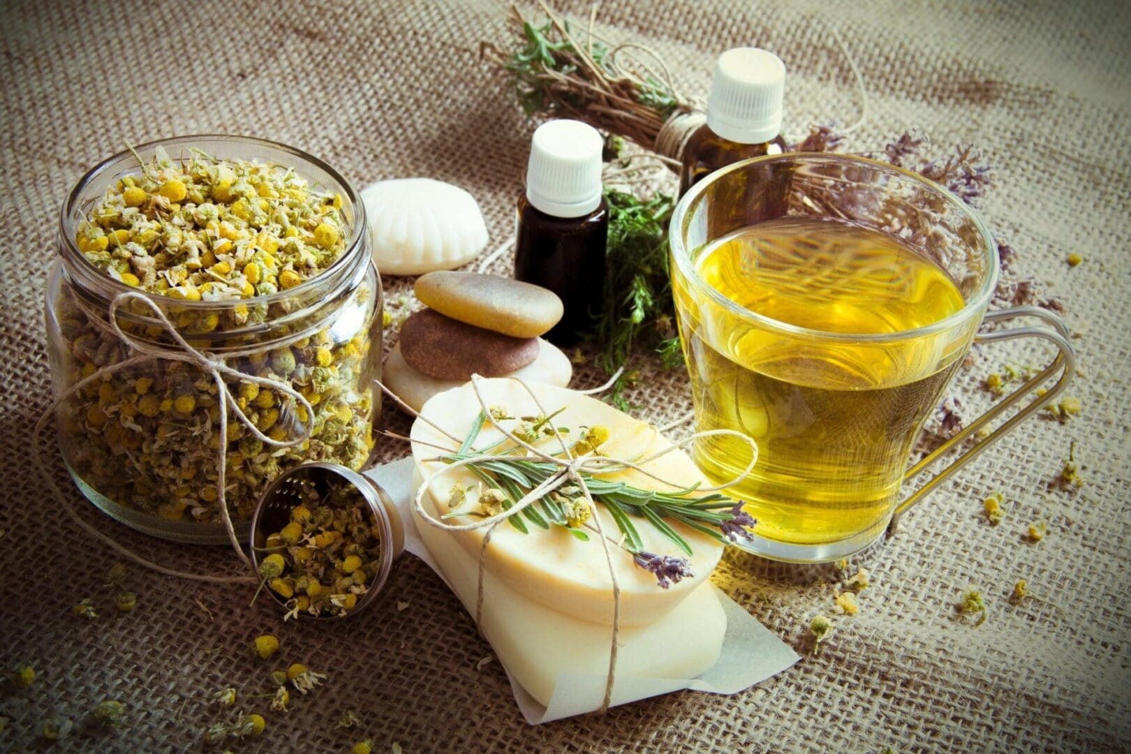 Chamomile tea, soap, and essential oils.