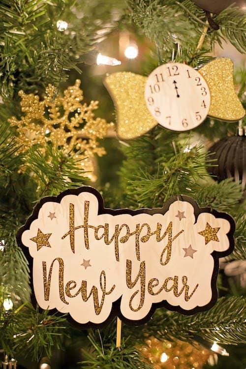 A happy new year card on a christmas tree