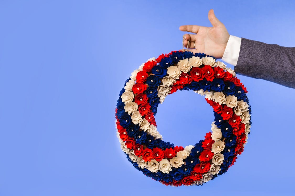 Red, white, and blue flower wreath.